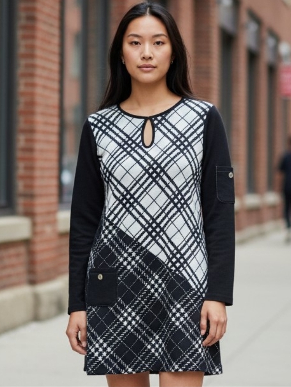 Black & White Plaid Long-Sleeve Shift Dress with Keyhole Detail 6034